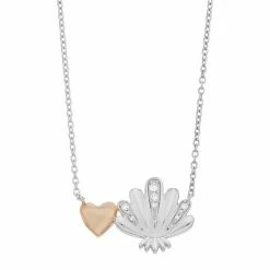 Disney The Little Mermaid Two Tone Sterling Silver Diamond Accent Heart & Shell Necklace