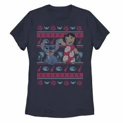 Juniors' Disney's Lilo & Stitch Christmas Tropical Sweater Style Graphic Tee