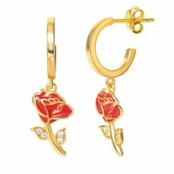 Disney's Beauty And The Beast 18k Gold Over Silver Cubic Zirconia Enameled Rose Huggie Drop Earrings