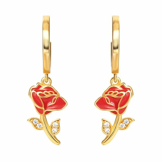 Disney's Beauty And The Beast 18k Gold Over Silver Cubic Zirconia Enameled Rose Huggie Drop Earrings 4 Disney's Beauty And The Beast 18k Gold Over Silver Cubic Zirconia Enameled Rose Huggie Drop Earrings - Image 2