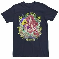 Men's Disney The Little Mermaid Ariel & Flounder Floral Frame Tee Royal