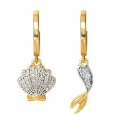Disney's The Little Mermaid Two Tone 18k Gold Over Silver Cubic Zirconia Shell & Tail Huggie Drop Earrings