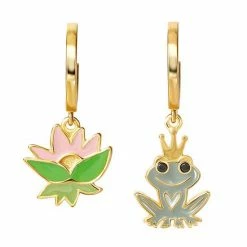 Disney's The Princess And The Frog 18k Gold Over Silver Cubic Zirconia Frog Prince & Lily Pad Huggie Drop Earrings
