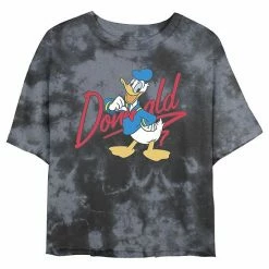 Juniors' Disney Donald Duck Red Cursive Text Logo Portrait Wash Crop Tee
