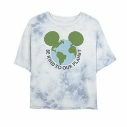 Juniors' Disney Mickey & Friends Mickey Be Kind To Our Planet Globe Bombard Wash Crop Graphic Tee