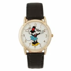 Disney's Minnie Mouse Women's Gold Tone Black Leather Watch
